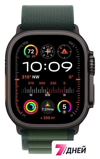 Умные часы Apple Watch Ultra 2 LTE 49 мм (титановый корпус, черный/темно-зеленый, ремешок из полиэстера M) - Изображение №2 — Интернет-магазин 7 дней