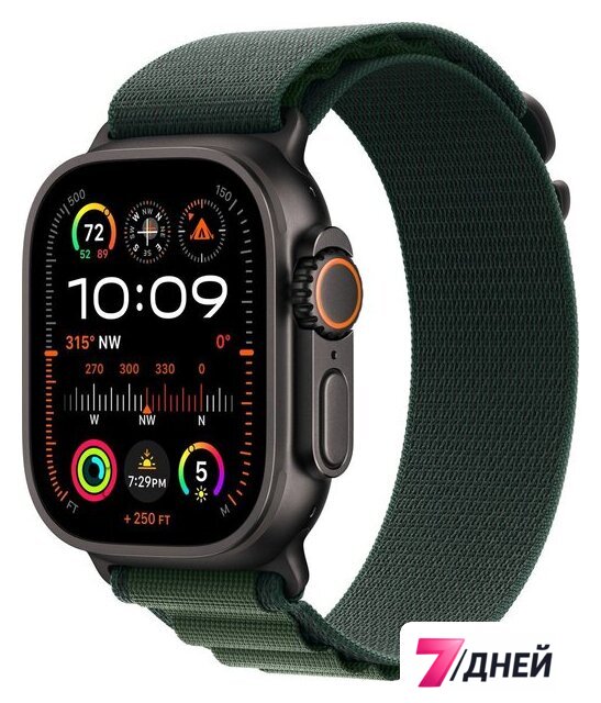 Умные часы Apple Watch Ultra 2 LTE 49 мм (титановый корпус, черный/темно-зеленый, ремешок из полиэстера M) - Изображение №1 — Интернет-магазин 7 дней