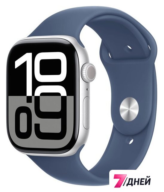 Умные часы Apple Watch Series 10 46 мм (алюминиевый корпус, серебристый/синий, спортивный силиконовый ремешок M/L) - Изображение №1 — Интернет-магазин 7 дней