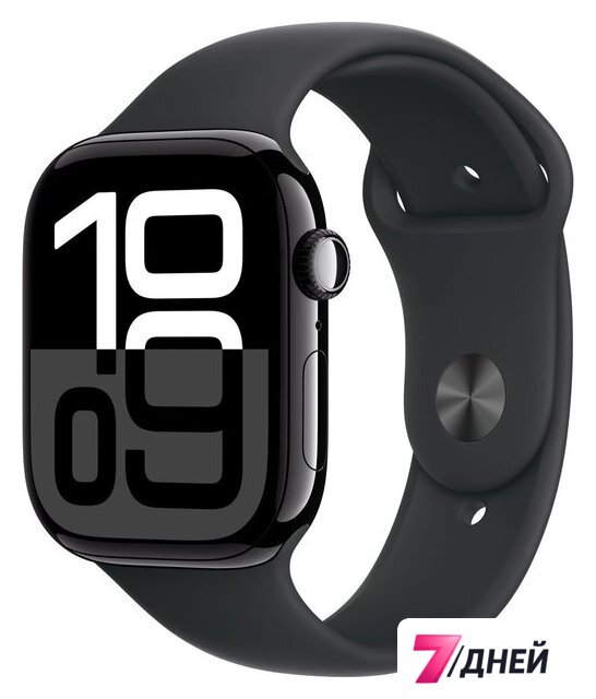 Умные часы Apple Watch Series 10 46 мм (алюминиевый корпус, черный/черный, спортивный силиконовый ремешок M/L) - Изображение №1 — Интернет-магазин 7 дней