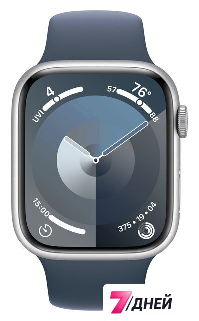 Умные часы Apple Watch Series 9 45 мм (алюминиевый корпус, серебристый/грозовой синий, спортивный силиконовый ремешок S/M) - Изображение №2 — Интернет-магазин 7 дней