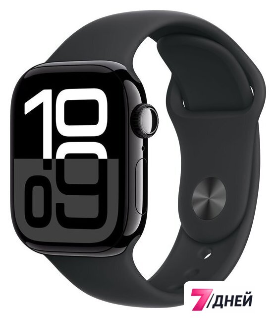 Умные часы Apple Watch Series 10 42 мм (алюминиевый корпус, черный/черный, спортивный силиконовый ремешок S/M) - Изображение №1 — Интернет-магазин 7 дней