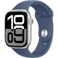 Apple Watch Series 10 46 мм (алюминиевый корпус, серебристый/синий, спортивный силиконовый ремешок M/L)