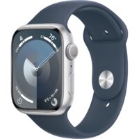 Apple Watch Series 9 45 мм (алюминиевый корпус, серебристый/грозовой синий, спортивный силиконовый ремешок S/M)